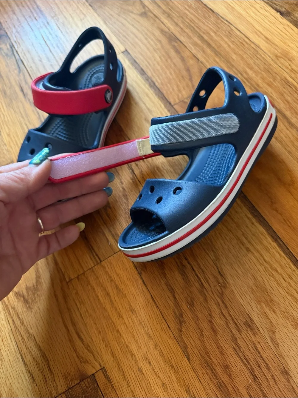 CROCS Kids Navy and Pink Hook-and-Loop Sandal - Picture 3 of 9